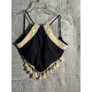YMI Black Halter Neck Crochet Trim Tassel Crop Top Size S boho festival tie back